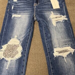 Distressed Risen Los Angeles Dark Blue Jeans with Silver Sequins. NWT Size 9/29